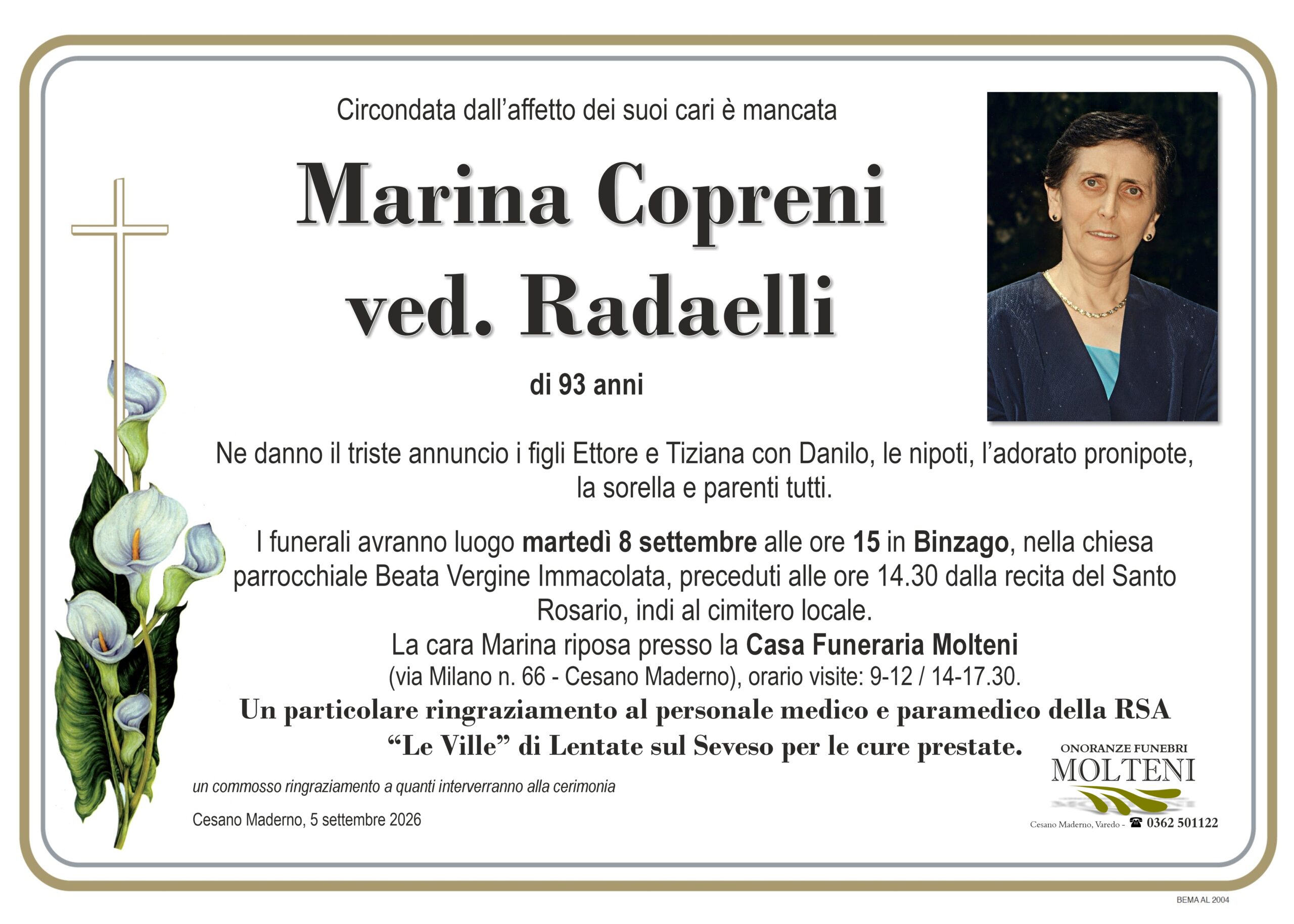 Marina Copreni<br>ved. Radaelli<p>Classe 1932<p>