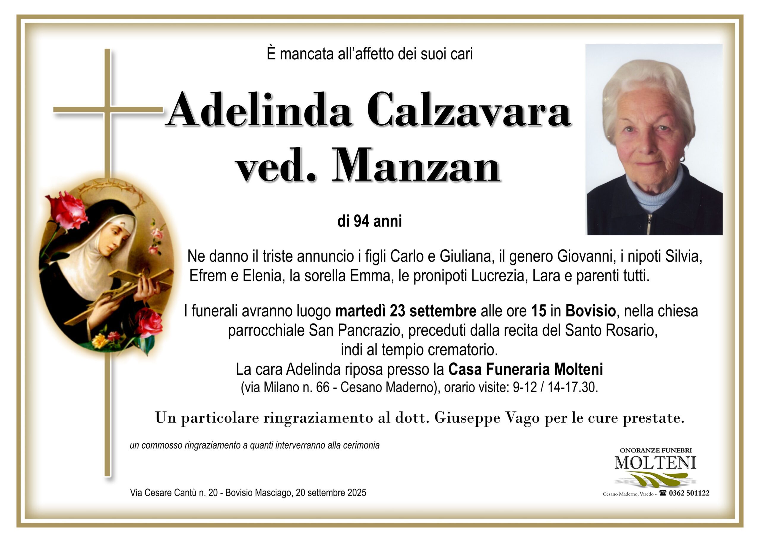 Adelinda Calzavara<br>ved. Manzan<p>Classe 1930