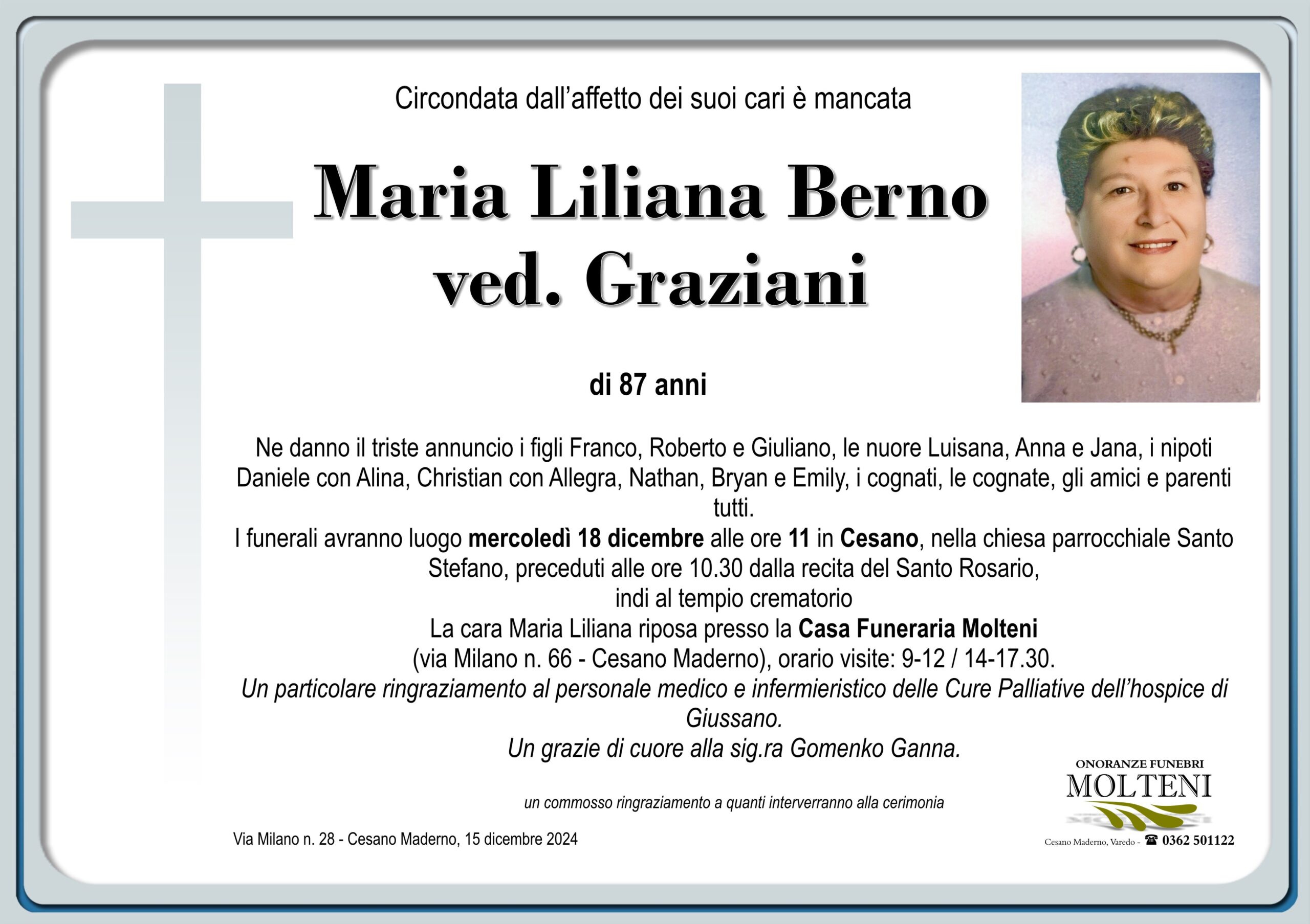 Maria Liliana Berno<br>ved. Graziani<p>Classe 1937