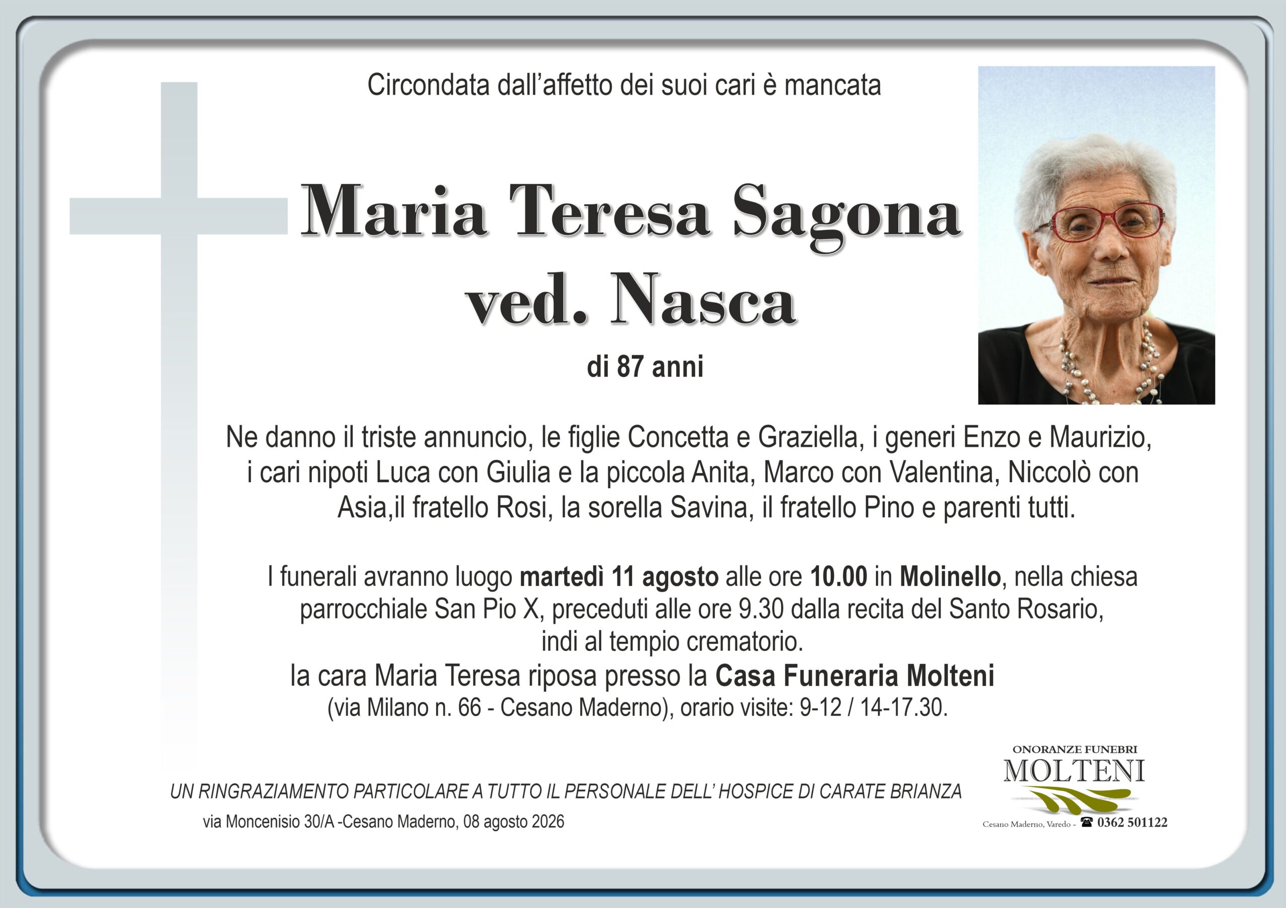 Maria Teresa Sagona<br>ved. Nasca<p>Classe 1938<p>