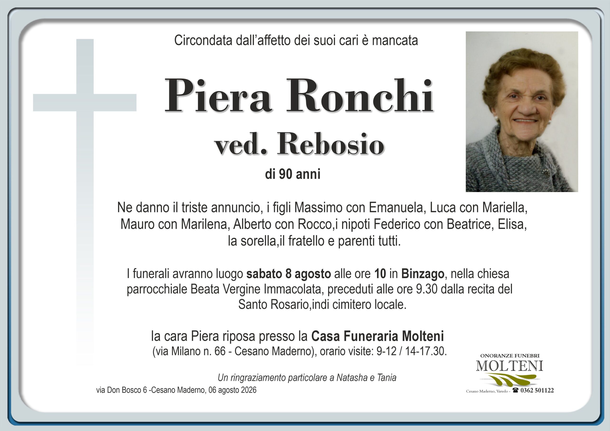 Piera Ronchi<br>ved. Rebosio<p>Classe 1936<p>